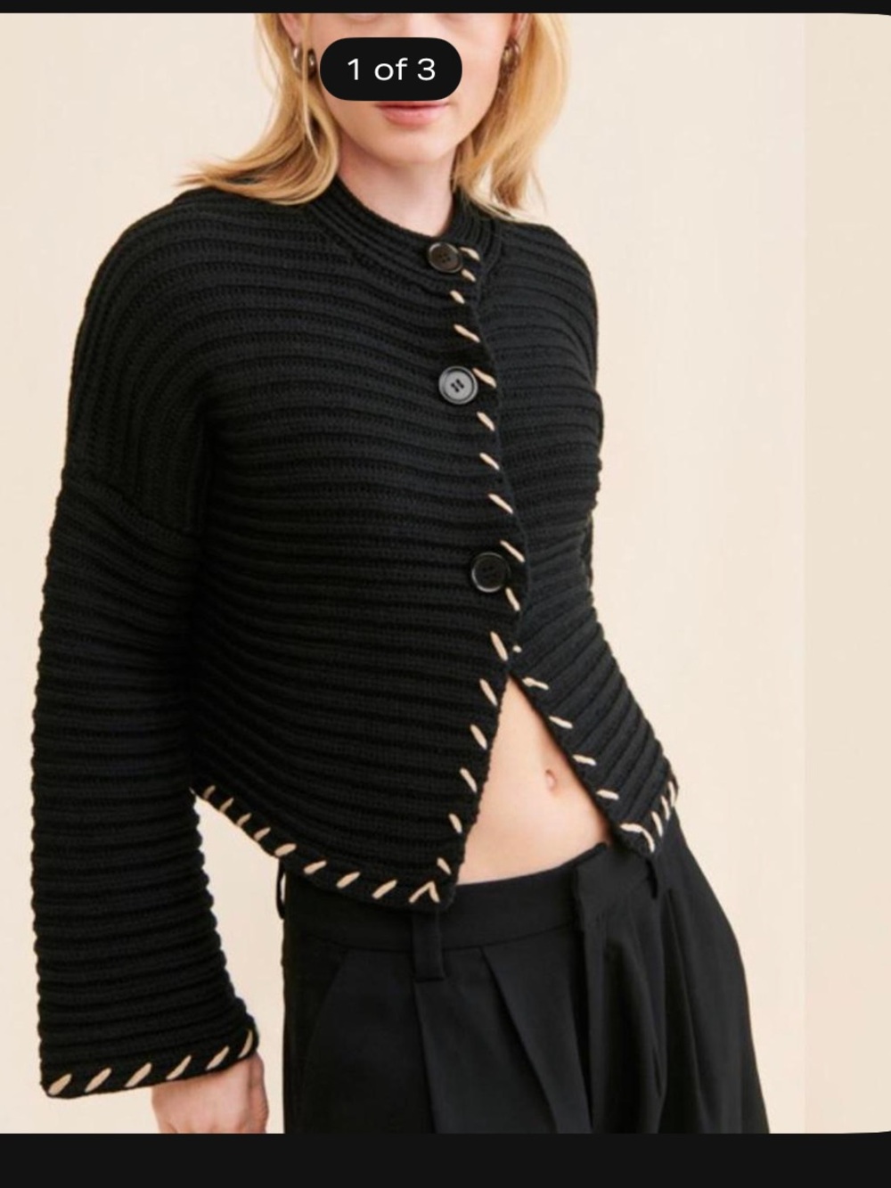 Black Textured Knit Button Cardigan with Contrast Trim